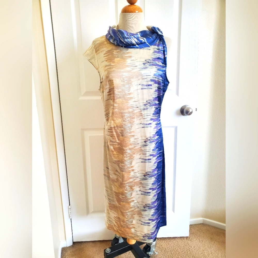 BCBG Maxazria Silk Cream Blue Sleeveless Cocktail Dress Womens 10 Medium
